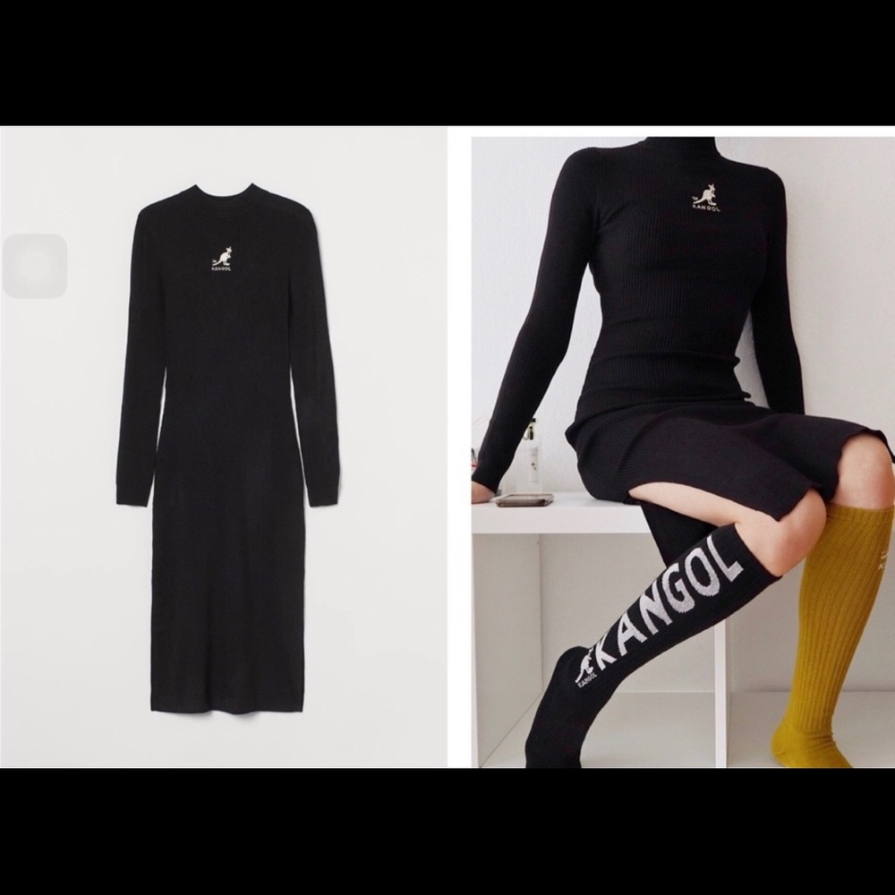 NWT Kangol X H&M Ribbed Knit Bodycon Black Long Sleeve Midi Sweater Dress